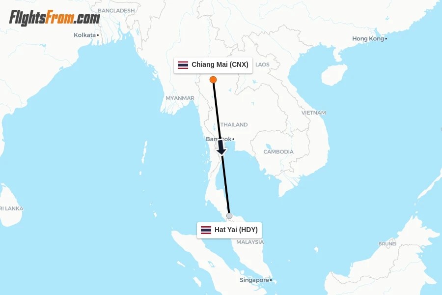 เชียงใหม่ (CNX) – หาดใหญ่ (HDY) — 10 เส้นทางบินตรงข้ามภาคและเชื่อมเมืองรองในไทย ยอดนิยมปี 2569 ปลดล็อกการท่องเที่ยวสะดวกสบายไม่ต้องต่อเครื่อง